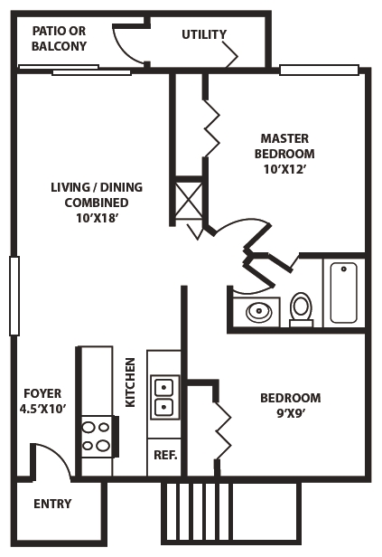 A B unit with 2 Bedrooms and 1 Bathrooms with area of 850 sq. ft